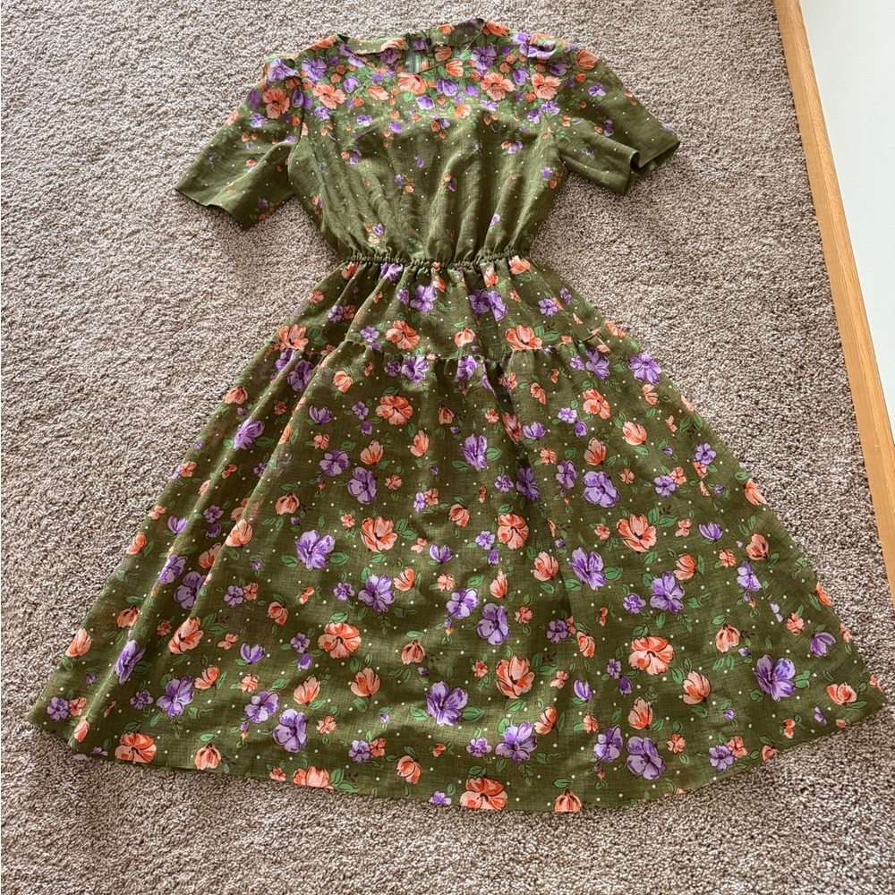 Floral Green Dress with Purple and Orange Accents